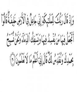 واتای ئایه‌تی {وَإِذْ قَالَ رَبُّكَ لِلْمَلَائِكَةِ إِنِّي جَاعِلٌ فِي الْأَرْضِ خَلِيفَةً قَالُوا أَتَجْعَلُ فِيهَا مَنْ يُفْسِدُ فِيهَا وَيَسْفِكُ الدِّمَاءَ...}[البقرة:30]